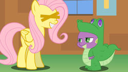 Size: 1280x720 | Tagged: safe, artist:cichywuj, fluttershy, gummy, spike, dragon, pegasus, pony, clothes, costume, female, grimdark source, grotesque source, laughing, male, mare, youtube link