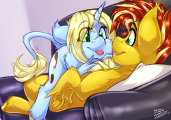 Size: 3890x2734 | Tagged: safe, artist:drizziedoodles, oc, oc only, oc:art's desire, oc:honey drizzle, classical unicorn, earth pony, pony, unicorn, :p, cloven hooves, cuddling, cute, duo, freckles, leonine tail, mlem, pillow, silly, silly pony, snuggling, sofa, tongue out, unshorn fetlocks
