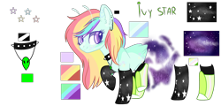 Size: 3000x1438 | Tagged: safe, artist:rukemon, oc, oc only, oc:ivy star, alien, alien pony, earth pony, pony, antennae, boots, choker, clothes, coat markings, ear piercing, earring, female, jewelry, mare, multicolored hair, necklace, piercing, rainbow hair, raised hoof, raised leg, reference sheet, shoes, simple background, socks, spiked choker, transparent background