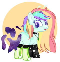 Size: 2348x2448 | Tagged: safe, artist:igzzy, oc, oc only, oc:ivy star, alien, alien pony, pony, antennae, boots, butt, choker, clothes, coat markings, ear piercing, earring, female, jewelry, mare, multicolored hair, necklace, open mouth, piercing, plot, rainbow hair, shoes, socks, solo, spiked choker