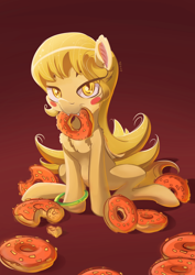 Size: 2048x2897 | Tagged: safe, artist:tony-retro, oc, bat pony, pony, anime, bakemonogatari, blonde mane, blush sticker, blushing, bracelet, chest fluff, donut, ear fluff, eating, fangs, female, food, golden eyes, jewelry, looking at you, mare, ponified, shinobu oshino, simple background, sitting, slit eyes, solo, wings