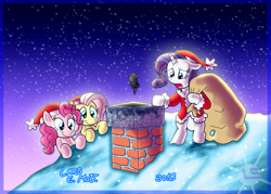 Size: 3756x2682 | Tagged: safe, artist:lars99, fluttershy, pinkie pie, rarity, earth pony, pegasus, pony, unicorn, 2018, bag, bipedal, chimney, christmas, clothes, costume, female, hat, holiday, mare, night, rooftop, sack, santa costume, santa hat, santa sack, snow, soot, stars, winter