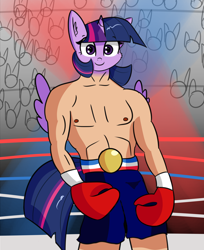 Size: 1960x2398 | Tagged: safe, artist:artiks, twilight sparkle, twilight sparkle (alicorn), alicorn, anthro, bipedal, boxing, boxing gloves, boxing shorts, championship belt, looking at you, not salmon, rocky balboa, solo, sports, wat, why