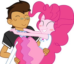 Size: 5451x4721 | Tagged: safe, artist:digimonlover101, pinkie pie, oc, oc:copper plume, equestria girls, absurd resolution, blushing, canon x oc, carrying, commission, copperpie, female, glasses, hug, male, shipping, simple background, smiling, straight, transparent background