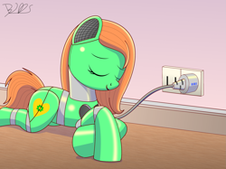 Size: 2499x1874 | Tagged: safe, artist:trackheadtherobopony, oc, oc:goldheart, pony, robot, robot pony, charging, cute, electrical outlet, ocbetes, plug, signature, sleeping, socket, solo