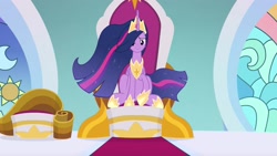 Size: 1920x1080 | Tagged: safe, screencap, princess twilight 2.0, twilight sparkle, twilight sparkle (alicorn), alicorn, pony, the last problem, crown, ethereal mane, female, hoof shoes, jewelry, mare, peytral, regalia, sitting, solo