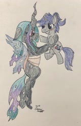 Size: 2577x4029 | Tagged: safe, artist:mystic bolt, oc, oc only, oc:diamond chrystalis, oc:dream², changeling, pony, unicorn, changeling oc, fangs, female, flying, holding a pony, ponytail, shipping, size difference, traditional art