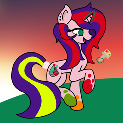 Size: 720x720 | Tagged: safe, artist:lightning135, oc, oc:color rave, pony, unicorn, dirty hooves, glowing horn, gradient background, horn, magic, open mouth, paint splatter, paintbrush, piercing, raised hooves, smiling, telekinesis