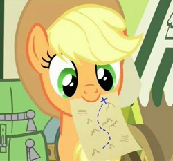 Size: 724x674 | Tagged: safe, screencap, applejack, earth pony, pony, somepony to watch over me, backpack, cropped, cute, female, jackabetes, map, mare, mouth hold, smiling, solo