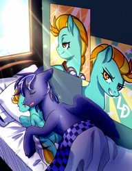 Size: 1204x1564 | Tagged: safe, artist:qiwiq, lightning dust, oc, oc:lightning flare, pegasus, pony, bed, body pillow, hug, lying down, male, pillow, pillow hug, sleeping, stallion