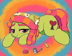 Size: 403x315 | Tagged: safe, artist:moozua, tree hugger, earth pony, pony, drugs, female, grinder, high, lighter, looking at you, lying down, mare, marijuana, pipe, pixel art, prone, red eyes, solo, tree stoner