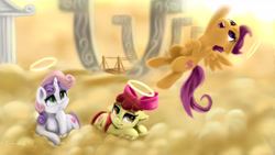 Size: 4800x2700 | Tagged: safe, artist:darksly, part of a series, part of a set, apple bloom, scootaloo, sweetie belle, earth pony, pegasus, pony, unicorn, bridge, cloud, cutie mark, cutie mark crusaders, female, flying, halo, heaven, horseshoes, lying down, on a cloud, scootaloo can fly, the cmc's cutie marks, trio