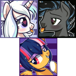 Size: 1000x1000 | Tagged: safe, artist:peachesandcreamated, oc, oc only, earth pony, pegasus, pony, unicorn, abstract background, animated, bust, earth pony oc, female, gif, grin, heart eyes, horn, male, mare, pegasus oc, simple background, smiling, stallion, tongue out, transparent background, unicorn oc, wingding eyes, wings