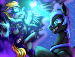 Size: 1500x1142 | Tagged: safe, artist:not-ordinary-pony, derpibooru exclusive, nightmare moon, oc, oc:blaze (shadowbolt), pony, abstract background, clothes, commission, costume, duo, evil grin, glowing eyes, glowing horn, grin, horn, shadowbolts, shadowbolts costume, simple background, smiling, transformation