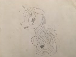 Size: 4032x3024 | Tagged: safe, artist:delphipony, twilight sparkle, twilight sparkle (alicorn), alicorn, pony, blushing, cutie mark, female, folded wings, lip bite, looking at you, looking back, looking back at you, lying down, mare, monochrome, prone, rear view, signature, simple background, smiling, solo, traditional art, wings