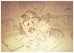 Size: 1789x1265 | Tagged: safe, artist:sherwoodwhisper, spike, twilight sparkle, unicorn twilight, dragon, unicorn, book, cookie, cute, duo, female, food, golden oaks library, male, mare, monochrome, pencil drawing, prone, reading, traditional art