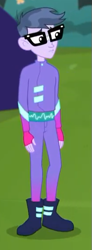 Size: 209x568 | Tagged: safe, screencap, microchips, better together, choose your own ending, equestria girls, the road less scheduled, the road less scheduled: microchips, boots, clothes, cropped, fingerless gloves, glasses, gloves, mc dex fx, shoes, solo