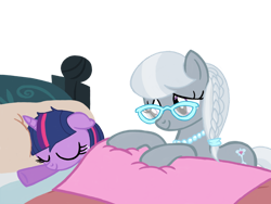 Size: 1024x768 | Tagged: safe, artist:turnaboutart, silver spoon, twilight sparkle, twilight sparkle (alicorn), alicorn, pony, age progression, age regression, alternate hairstyle, bed, blanket, female, filly, filly twilight sparkle, foal, foalsitter, foalsitting, freckles, glasses, jewelry, mare, necklace, older, older silver spoon, pearl necklace, sleeping, younger