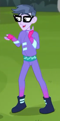 Size: 278x554 | Tagged: safe, screencap, microchips, better together, choose your own ending, equestria girls, the road less scheduled, the road less scheduled: microchips, boots, clothes, cropped, fingerless gloves, glasses, gloves, mc dex fx, shoes, smiling, solo