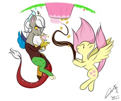 Size: 1200x1000 | Tagged: safe, artist:asajiopie01, discord, eris, fluttershy, draconequus, pegasus, pony, anti-gravity hair, chaos, cookie, cup, discord being discord, duo, eyes closed, food, rule 63, simple background, tea, tea party, teacup, upside down, white background