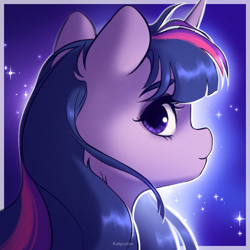 Size: 1417x1417 | Tagged: safe, artist:katputze, twilight sparkle, pony, female, looking at you, looking back, looking sideways, mare, signature, solo, starry background