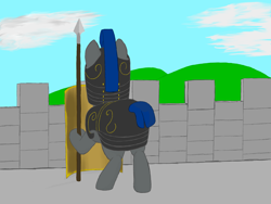 Size: 1600x1200 | Tagged: safe, artist:shoophoerse, earth pony, pony, atg 2019, newbie artist training grounds, royal guard, shield, solo, spear, weapon