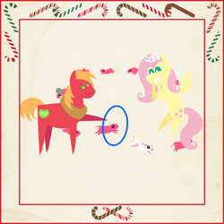 Size: 2000x2000 | Tagged: safe, anonymous artist, big macintosh, fluttershy, pegasus, pony, prairie dog, series:12 days of hearth's warming, series:fm holidays, 12 days of christmas, border, candy, candy cane, christmas, cute, female, floating, fluttermac, food, hearth's warming, holiday, hoof hold, hoop, jumping, male, pointy ponies, shipping, shyabetes, sleeping, smiling, straight, texture, the flying prairinos
