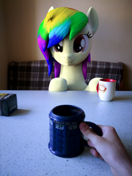 Size: 1920x2560 | Tagged: safe, artist:lagmanor, oc, oc:rainbowtashie, earth pony, human, pony, 3d, blender, blender cycles, cup, female, hand, irl, mare, offscreen character, offscreen human, photo, photography, ponies in real life, pov, table, teacup