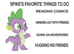 Size: 750x543 | Tagged: safe, artist:amanda lazier, edit, editor:undeadponysoldier, spike, dragon, series:spike's favorite things, adventurous, cute, faves, implied hanging out, implied hugging, male, solo