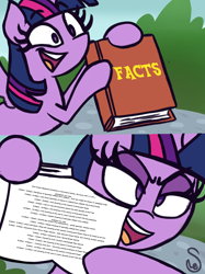 Size: 3420x4568 | Tagged: safe, artist:quarium, artist:quarium edits, edit, twilight sparkle, twilight sparkle (alicorn), alicorn, pony, season 9, spoiler:s09, 2 panel comic, bipedal, book, caption, comic, ed edd n eddy, exploitable, exploitable meme, facts, female, finale, glare, high res, hoof hold, image macro, info, lidded eyes, mare, meme, open mouth, pointing, schedule, smiling, smirk, solo, spread wings, text, time, twilight's fact book, wide eyes, wings