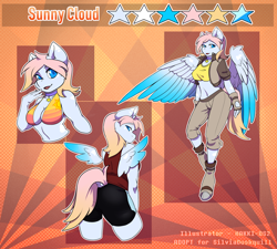 Size: 1334x1200 | Tagged: safe, artist:hakkids2, oc, oc only, oc:sunny cloud, anthro, pegasus, unguligrade anthro, anthro oc, belly button, bikini, bikini top, clothes, coat markings, midriff, reference sheet, shorts, solo, swimsuit