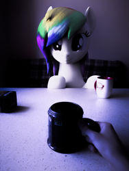 Size: 1920x2560 | Tagged: safe, alternate version, artist:lagmanor, oc, oc:rainbowtashie, earth pony, human, pony, 3d, blender, blender cycles, cup, female, hand, irl, mare, offscreen character, offscreen human, photo, photography, photoshop, ponies in real life, pov, table, teacup