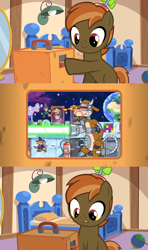 Size: 640x1080 | Tagged: safe, artist:jan, button mash, cow, cyborg, pony, robot, button's odd game, enchanted portals, exploitable, meme, udder