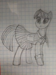 Size: 3120x4160 | Tagged: safe, twilight sparkle, unicorn twilight, pony, unicorn, clothes, female, graph paper, mare, photo, pleated skirt, school uniform, skirt, solo, traditional art