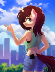 Size: 1800x2340 | Tagged: safe, artist:hakaina, oc, oc only, anthro, unicorn, anthro oc, bra, cellphone, cityscape, clothes, denim shorts, earbuds, female, headphones, headset, looking at you, looking back, looking back at you, looking over shoulder, mare, midriff, phone, rear view, scenery, shorts, smartphone, smiling, smiling at you, tanktop, underwear