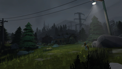 Size: 3840x2160 | Tagged: safe, artist:thelagplayer, oc, oc only, oc:littlepip, pony, unicorn, fallout equestria, 3d, 4k resolution, abandoned, absurd resolution, butt, clothes, cloud, dark, electricity, fanfic, fanfic art, female, forest, grass, grass field, gun, hooves, horn, light, mare, nature, night, pipbuck, plot, rock, scenery, scenery porn, solo, source filmmaker, tree, vault suit, weapon