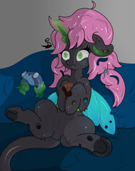 Size: 2438x3071 | Tagged: safe, artist:lunarcipher1, oc, oc:oculus, changeling, beautiful, big hair, bloodshot eyes, controller, cute, female, freckles, gaming, glowing wings, green changeling, magic, original character do not steal, pink hair, sitting, sofa, solo, wings