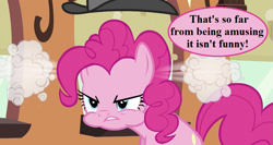 Size: 993x530 | Tagged: safe, edit, edited screencap, screencap, pinkie pie, pony, mmmystery on the friendship express, angry, cropped, dude not funny (reaction image), hat, high-pressure emotion, pun, reaction image, solo, speech, speech bubble, steam, train