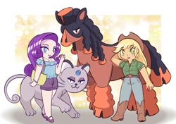 Size: 1064x751 | Tagged: safe, artist:burgeroise, applejack, rarity, human, equestria girls, alolan persian, duo, mudsdale, persian, pokémon