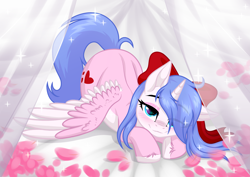Size: 3465x2454 | Tagged: safe, artist:rioshi, artist:sparkling_light, artist:starshade, part of a set, oc, oc only, oc:rioshi sweet, alicorn, pony, alicorn oc, bed, blushing, bow, female, hair bow, hair over one eye, looking at you, mare, on bed, petals, prone, simple background, solo, that bed with petals ych, unshorn fetlocks, white background, ych result