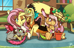 Size: 1450x951 | Tagged: safe, artist:inuhoshi-to-darkpen, fluttershy, oc, oc:anarchy, oc:mayhem, oc:serenity, hybrid, pegasus, pony, biting, cheek fluff, chest fluff, cloven hooves, cute, cute little fangs, ear bite, ear fluff, fangs, female, fluffy, fluttermom, fluttershy's cottage, interspecies offspring, leg fluff, mare, offspring, one eye closed, parent:discord, parent:fluttershy, parents:discoshy, plant, shyabetes, smiling, unshorn fetlocks