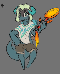 Size: 580x712 | Tagged: safe, artist:invertigo, oc, oc only, oc:charca, dragon, backpack, clothes, colored, cyoa:scrolls and trolls, female, flat colors, frying pan, horns, pants, poncho