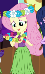 Size: 346x563 | Tagged: safe, screencap, fluttershy, rarity, twilight sparkle, equestria girls, shake your tail, cropped, cute, hula, hulashy, shyabetes