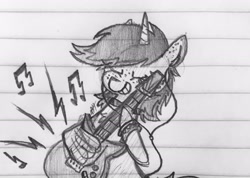 Size: 2152x1536 | Tagged: safe, artist:modocrisma, oc, oc only, oc:running river (modocrisma), pony, unicorn, alternate universe, au:lbau, chest fluff, choker, dexterous hooves, doodle, electric guitar, female, freckles, grin, guitar, guitar pick, hair tie, headphones, hoof hold, horn, lesbian, lined paper, mare, monochrome, music notes, musical instrument, musician, pencil drawing, photo, playing instrument, scrunchie, short hair, sketch, smiling, solo, traditional art, watermark