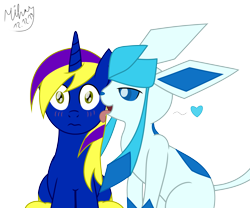 Size: 4253x3540 | Tagged: safe, artist:mihaynoms, oc, oc:darkgloones, pony, blushing, female, glaceon, heart, kissing, licking, love, male, pokémon, straight, tongue out