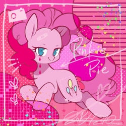 Size: 1720x1720 | Tagged: safe, artist:potetecyu_to, pinkie pie, earth pony, pony, abstract background, bandaid, camera, cute, diapinkes, female, heart, lidded eyes, looking at you, mare, solo, teardrop