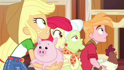 Size: 1920x1080 | Tagged: safe, screencap, apple bloom, applejack, big macintosh, granny smith, bird, chicken, pig, rooster, better together, equestria girls, holidays unwrapped, animal, apple family, apple siblings, apple sisters, applejack's hat, barn, belt, brother and sister, clothes, cowboy hat, denim skirt, ear piercing, earring, female, freckles, hat, jewelry, male, piercing, siblings, sisters, skirt, stetson, the cider louse fools