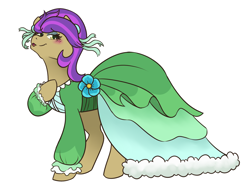 Size: 1280x974 | Tagged: safe, artist:night-iris, yona, pony, she's all yak, blushing, clothes, cute, dress, female, flower, lidded eyes, ponified, pony yona, simple background, solo, species swap, white background, wig, yonadorable