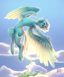 Size: 2500x3000 | Tagged: safe, artist:jessicanyuchi, fleetfoot, pegasus, pony, armpits, belly button, cloud, female, flying, looking at you, mare, rainbow falls (location), signature, sky, solo