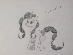 Size: 500x374 | Tagged: safe, artist:akanisen, oc, oc only, oc:consolass, pony, unicorn, curved horn, female, horn, mare, partial color, solo, traditional art